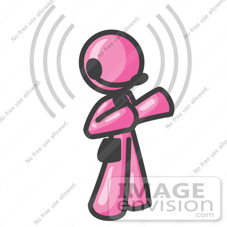 #38019 Clip Art Graphic of a Pink Guy Character Talking on a Headset, With Signals by Jester Arts