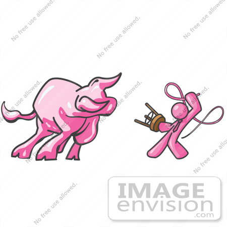 #38020 Clip Art Graphic of a Pink Guy Character Taming a Bull by Jester Arts