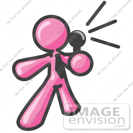 #38021 Clip Art Graphic of a Pink Guy Character Speaking Through a Mic by Jester Arts