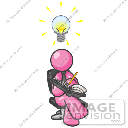 #38022 Clip Art Graphic of a Pink Guy Character Jotting Ideas Down in a Book by Jester Arts