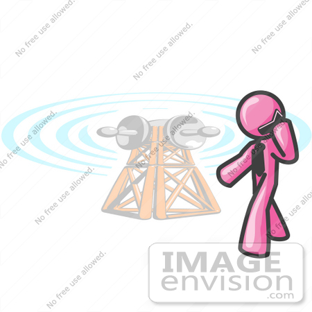 #38024 Clip Art Graphic of a Pink Guy Character Talking on a Phone by a Tower by Jester Arts