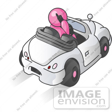 #38026 Clip Art Graphic of a Pink Guy Character Talking on a Phone and Driving by Jester Arts