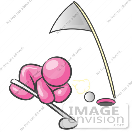 #38027 Clip Art Graphic of a Pink Guy Character Trying to Blow a Golf Ball Into a Hole by Jester Arts