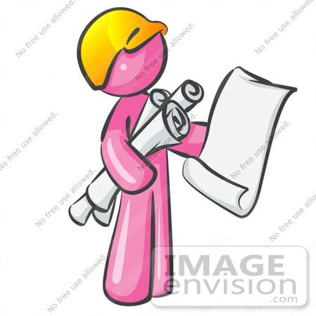 #38028 Clip Art Graphic of a Pink Guy Character Holding Blueprints by Jester Arts