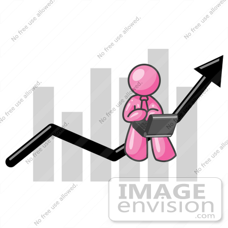 #38029 Clip Art Graphic of a Pink Guy Character Using a Laptop on a Bar Graph by Jester Arts
