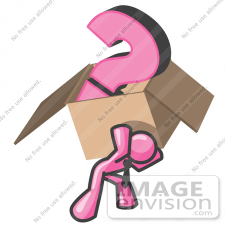#38031 Clip Art Graphic of a Pink Guy Character Carrying a Box of Questions by Jester Arts
