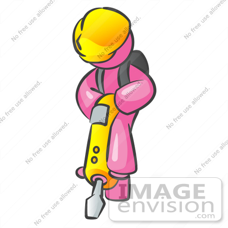 #38032 Clip Art Graphic of a Pink Guy Character Operating a Jack Hammer by Jester Arts