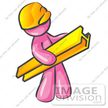 #38034 Clip Art Graphic of a Pink Guy Character Carrying a Beam by Jester Arts