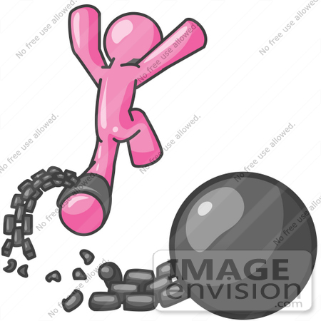 #38037 Clip Art Graphic of a Pink Guy Character Breaking Free From a Ball and Chain by Jester Arts