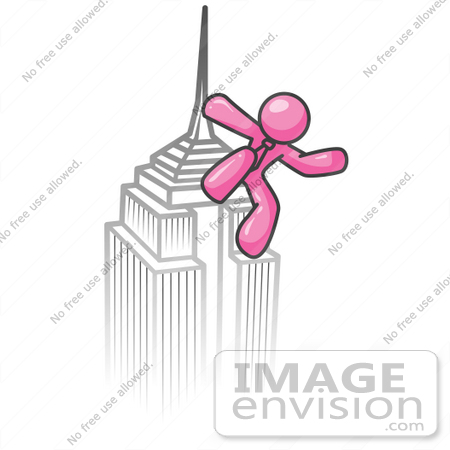 #38038 Clip Art Graphic of a Pink Guy Character on a Skyscraper by Jester Arts