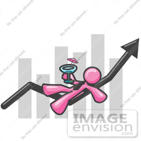#38041 Clip Art Graphic of a Pink Guy Character Drinking Cocktails on a Bar Graph by Jester Arts