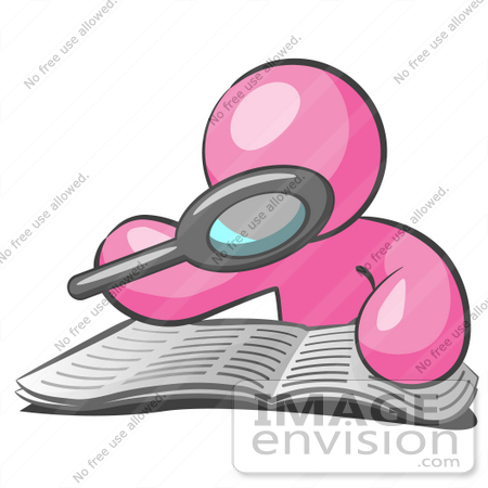 #38042 Clip Art Graphic of a Pink Guy Character Reading With a Magnifying Glass by Jester Arts