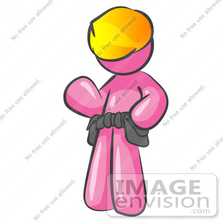 #38043 Clip Art Graphic of a Pink Guy Character Wearing a Hard Hat and Tool Belt by Jester Arts
