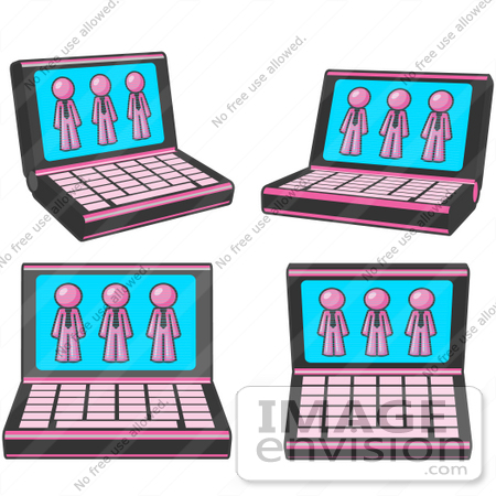 #38047 Clip Art Graphic of a Pink Guy Character on Laptop Screens by Jester Arts