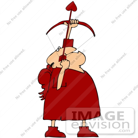 #38098 Clip Art Graphic of Cupid In Red, Shooting An Arrow Upwards by DJArt