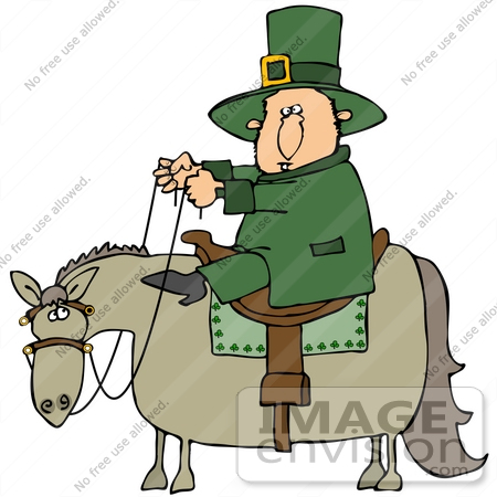 #38100 Clip Art Graphic of a St Paddy’s Day Leprechaun on Horseback by DJArt