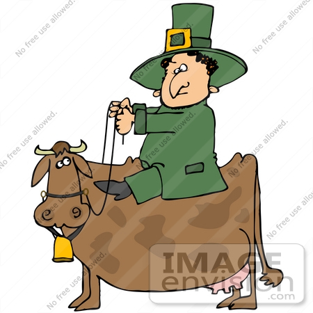 #38101 Clip Art Graphic of a St Paddy’s Day Leprechaun Riding a Cow by DJArt