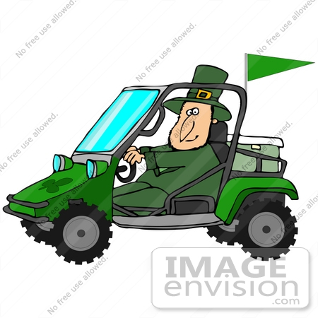 #38102 Clip Art Graphic of a St Paddy’s Day Leprechaun Driving a Mud Bug by DJArt