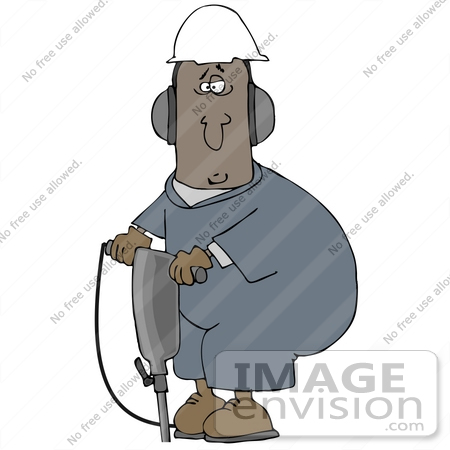 #38108 Clip Art Graphic of an African American Man Working at a Construction Site With a Jackhammer by DJArt