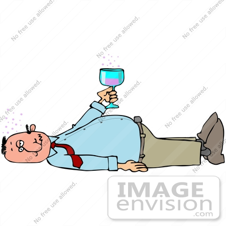 #38112 Clip Art Graphic of a Drunk Caucasian Man Holding up Wine and Laying on His Back After Passing Out by DJArt