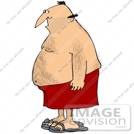 #38116 Clip Art Graphic of a Hairy Caucasian Man in Red Swim Shorts by DJArt