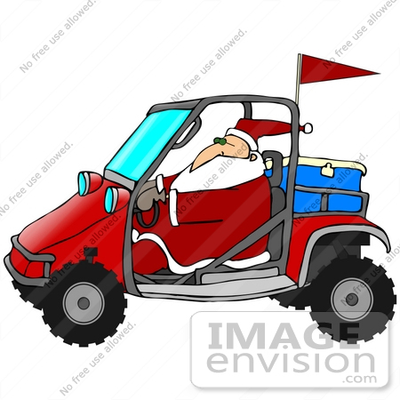 #38119 Clip Art Graphic of Santa Claus Driving a Red Mud Bug by DJArt