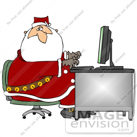 #38120 Clip Art Graphic of Santa Claus Answering Emails on a Computer by DJArt
