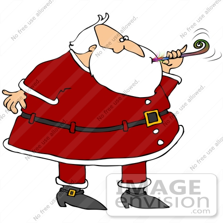 #38125 Clip Art Graphic of Santa Claus Blowing a Noise Maker at a Party by DJArt