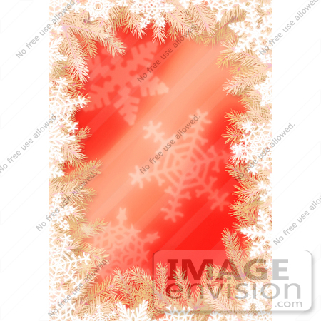#38144 Clip Art Graphic of a Red Christmas Background With Tree Branches And Snowflakes, Bordered By White by Oleksiy Maksymenko