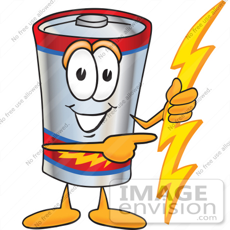 #38147 Clip Art Graphic of a Battery Mascot Character Holding A Bolt Of Energy And Pointing To The Right by toons4biz
