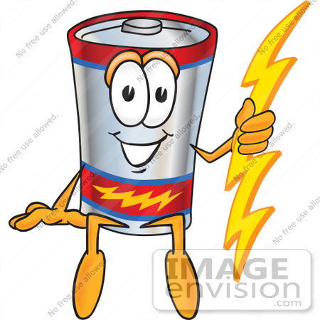 #38148 Clip Art Graphic of a Battery Mascot Character Sitting And Holding A Bolt Of Energy by toons4biz