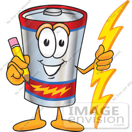 #38150 Clip Art Graphic of a Battery Mascot Character Holding a Pencil by toons4biz
