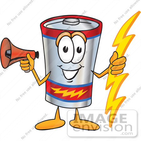 #38155 Clip Art Graphic of a Battery Mascot Character Holding A Bolt Of Energy And Megaphone by toons4biz