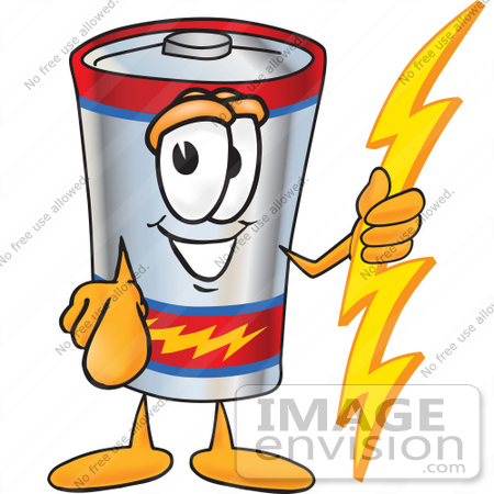 #38159 Clip Art Graphic of a Battery Mascot Character Holding A Bolt Of Energy And Pointing at the Viewer by toons4biz