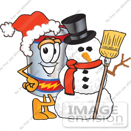 #38161 Clip Art Graphic of a Battery Mascot Character Wearing A Santa Hat And Posing With A Snowman On Christmas by toons4biz