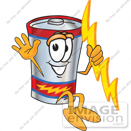 #38162 Clip Art Graphic of a Battery Mascot Character Holding A Bolt Of Energy And Jumping by toons4biz