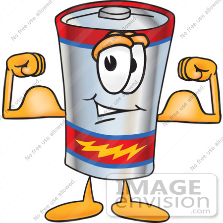 #38163 Clip Art Graphic of a Battery Mascot Character Flexing His Arm Muscles by toons4biz