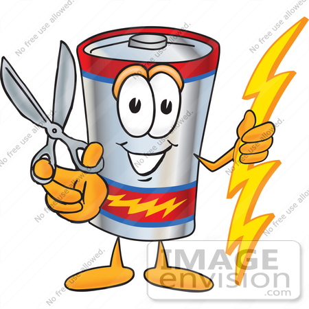 #38165 Clip Art Graphic of a Battery Mascot Character Holding a Pair of Scissors by toons4biz