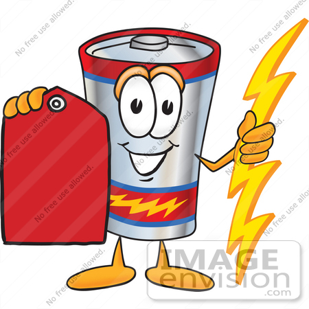 #38169 Clip Art Graphic of a Battery Mascot Character Holding A Bolt Of Energy And A Red Sales Price Tag by toons4biz