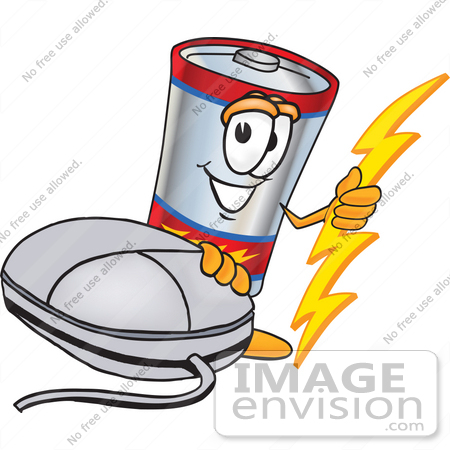 #38170 Clip Art Graphic of a Battery Mascot Character With a Computer Mouse by toons4biz