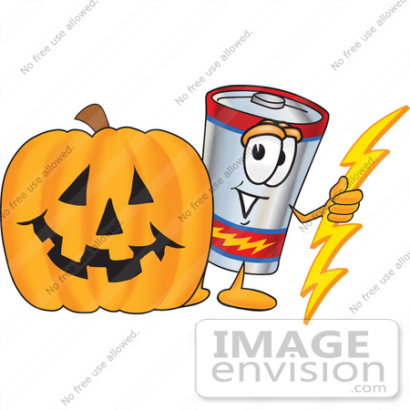 #38174 Clip Art Graphic of a Battery Mascot Character With a Carved Halloween Pumpkin by toons4biz