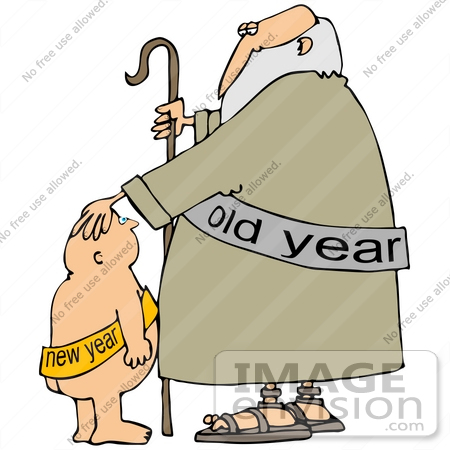 #39725 Clip Art Graphic of an Old Year Man Looking Down at a New Year Baby by DJArt