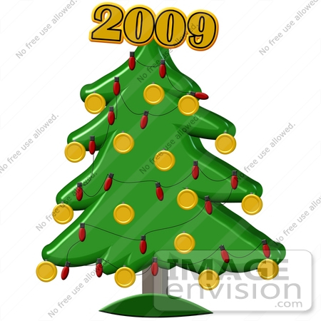 #39727 Clip Art Graphic of a Christmas Tree Topped With the New Year by DJArt