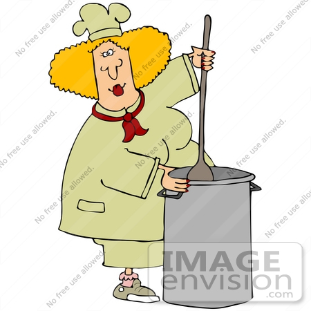#40293 Clip Art Graphic of a Blond Caucasian Female Chef Stirring Stew in a Pot by DJArt