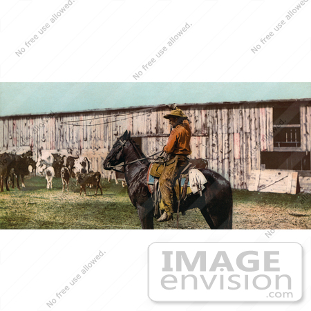 #40665 Stock Photo Of A Cowboy On Horseback, Swinging A Lariat Above His Head by JVPD
