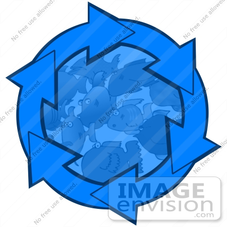 #40669 Clip Art Graphic of Circling Blue Arrows Around a School of Fish by DJArt