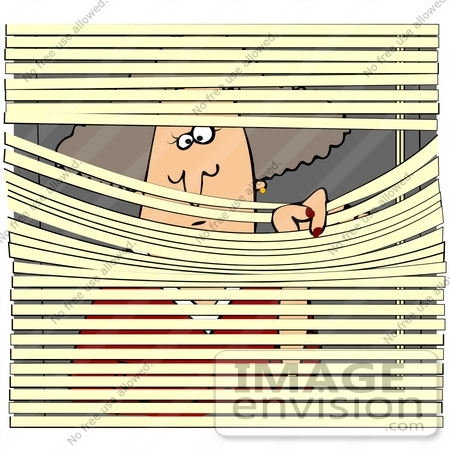 #40680 Clip Art Graphic of a Snooping Nosy Caucasian Woman Peeking Through Window Blinds by DJArt