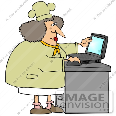 #40683 Clip Art Graphic of a Female Caucasian Chef Using a Laptop in a Kitchen by DJArt