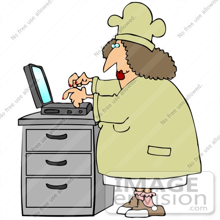 #40684 Clip Art Graphic of a Female Caucasian Chef Typing a Recipe Into a Laptop by DJArt
