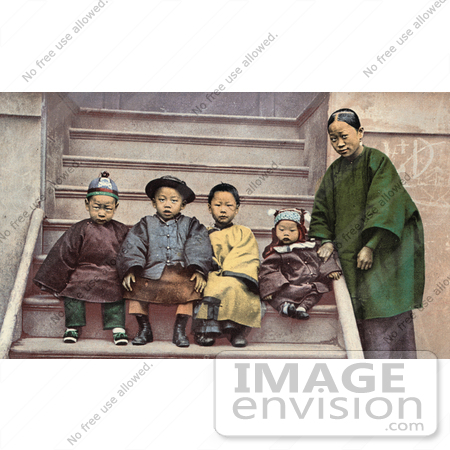 #40806 Stock Photo of a Family Of Chinese American Immigrants Sitting On Steps Of A Building, California by JVPD